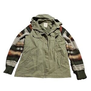 Thread & Supply Womens Jacket XS Olive Green Aztec Sleeve Hooded Zip Button Up